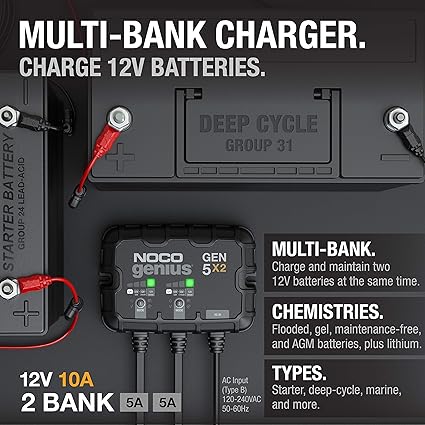 NOCO Genius GEN5X2: 2-Bank, 10A Onboard Battery Charger - 5A Per Bank, 12V Waterproof Marine Charger with Overcharge Protection & Temperature Compensation – for Lead-Acid & Lithium Batteries