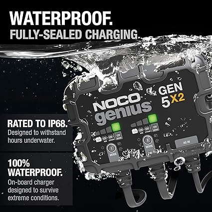 NOCO Genius GEN5X2: 2-Bank, 10A Onboard Battery Charger - 5A Per Bank, 12V Waterproof Marine Charger with Overcharge Protection & Temperature Compensation – for Lead-Acid & Lithium Batteries